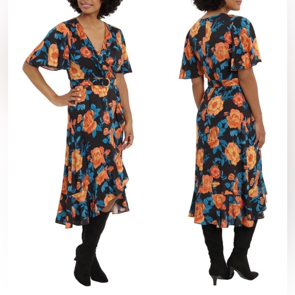 NEW LONDON TIMES Black FLORAL Damona BELTED Faux Wrap RUFFLE Midi DRESS 18